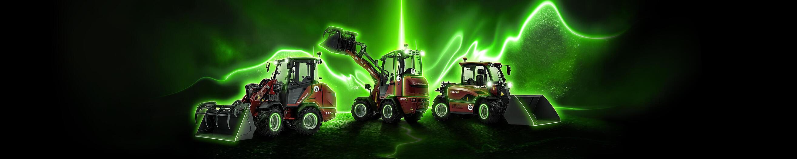 Weidemann Kampagnenmotiv Think Electric mit Hoftrac 1190e, 1390e und Teleskoplader T4512e