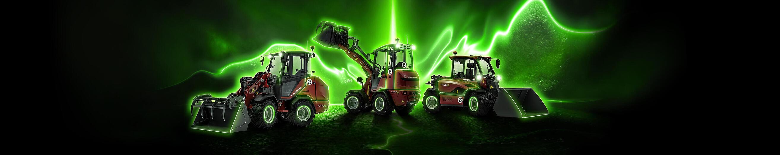 Weidemann Kampagnenmotiv Think Electric mit Hoftrac 1190e, 1390e und Teleskoplader T4512e