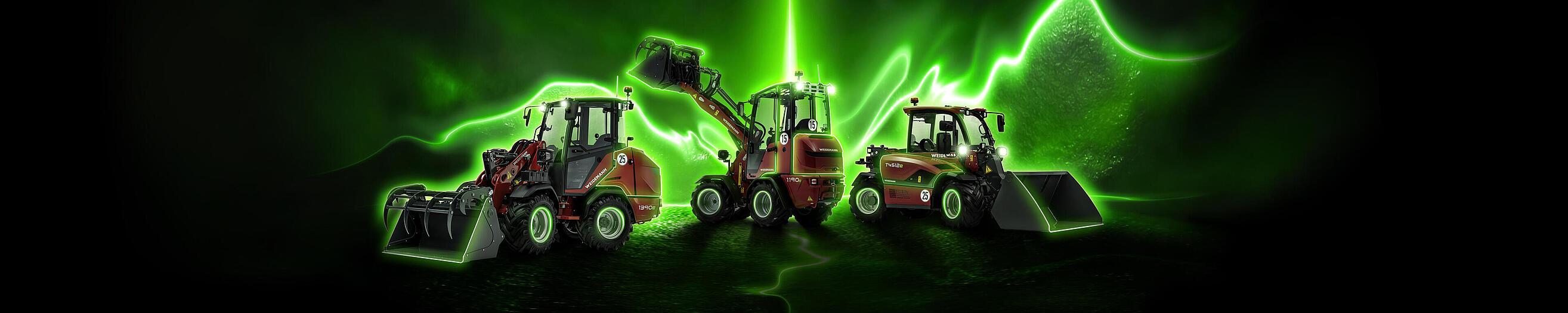 Weidemann Kampagnenmotiv Think Electric mit Hoftrac 1190e, 1390e und Teleskoplader T4512e