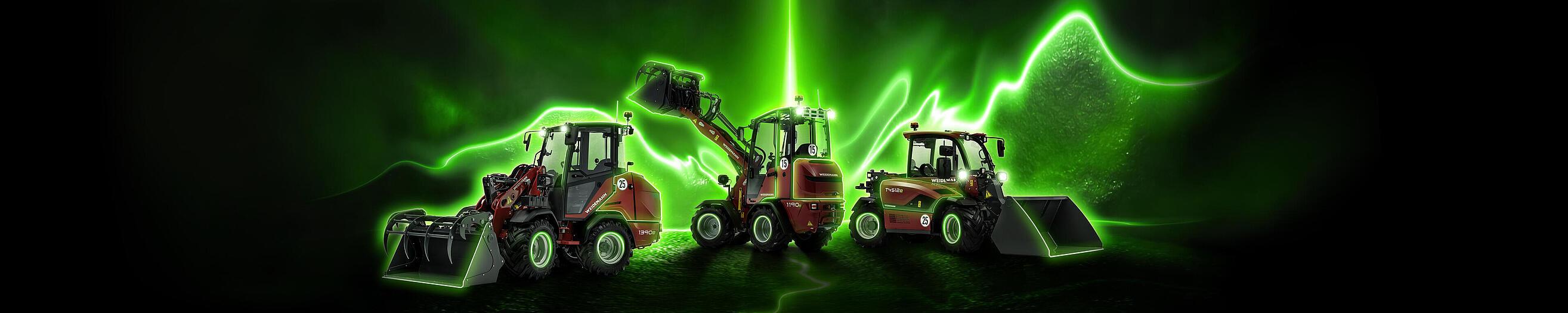 Weidemann Kampagnenmotiv Think Electric mit Hoftrac 1190e, 1390e und Teleskoplader T4512e