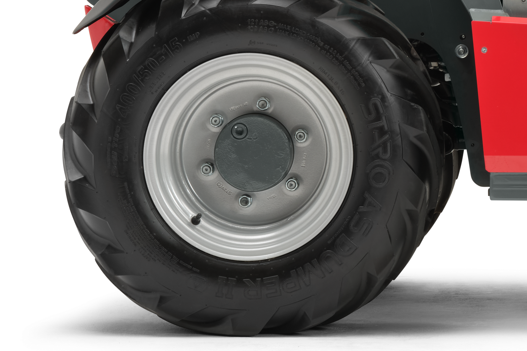 Close-up of tires of Weidemann telehandler T4512