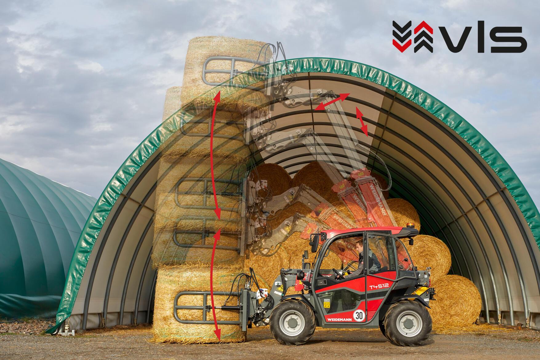 Weidemann telehandler T4512 use with round bale tong and the Vertical Lift System (vls) presented with arrows