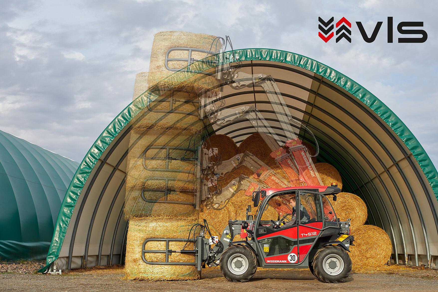 Încărcător telescopic Weidemann T7042 în acțiune cu logo vls (Vertical Lift System)